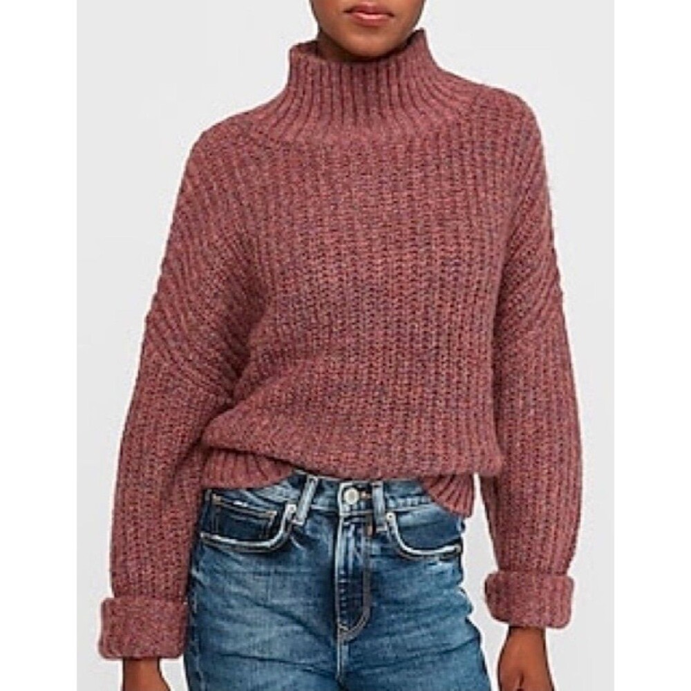 EXPRESS Chunky Knit Mock Neck Sweater Womens Small Marled Mauve Pink Ribbed Cozy
